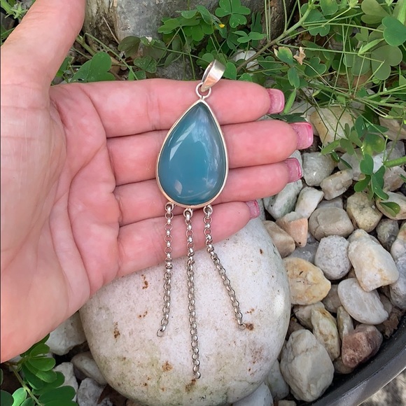 Sterling Tear Drop Glass Dangle Chain Pendant - Picture 9 of 17